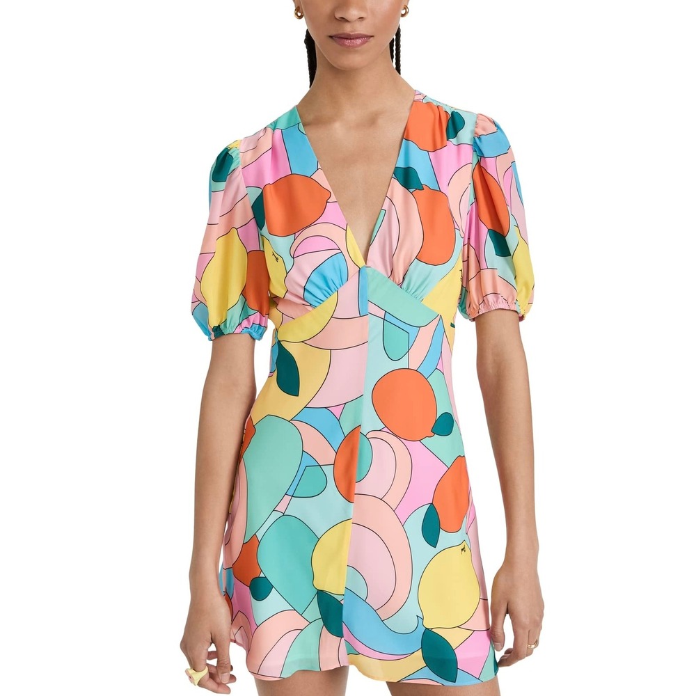 STAUD Mila Mini Dress 2 Pink Blue Citrus Kaleidoscope Lemon Print Party NEW